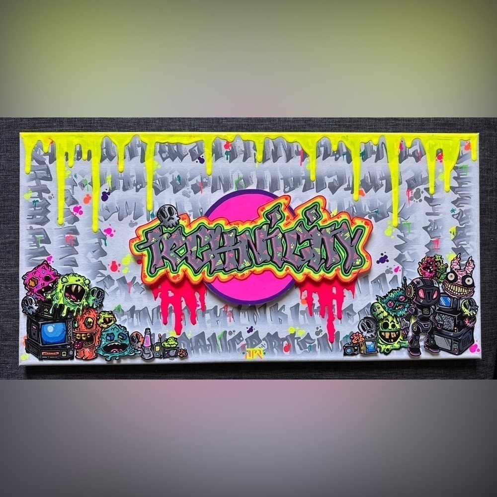 Original Art “Technicity” Independent Artist Mixed Media Graffiti Canvas 12X24
